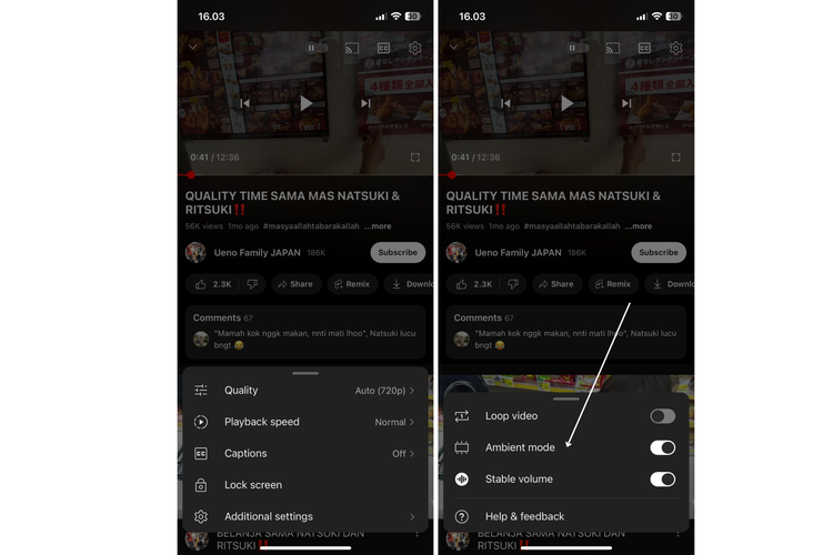 Ilustrasi cara menggunakan ambient mode di YouTube