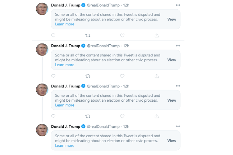 Tangkapan layar beberapa twit Trump yang disembunyikan Twitter.