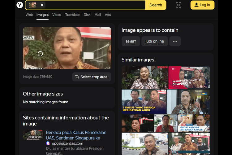 Tangkapan layar pencarian gambar di Yandex, dari video hoaks di Facebook soal KPK temukan dana kampanye hitam Ganjar Rp 300 triliun.