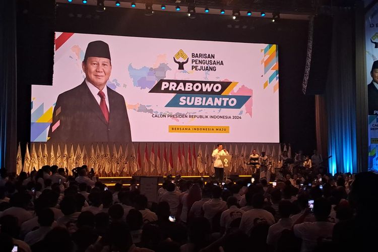 Bakal capres Koalisi Indonesia Maju Prabowo Subianto di Djakarta Theater, Jakarta, Rabu (8/11/2023). 