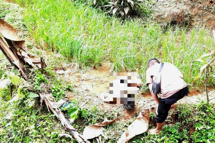Polisi memeriksa kondisi seorang petani yang ditemukan tewas di pematang sawah di Cianjur, Jawa Barat