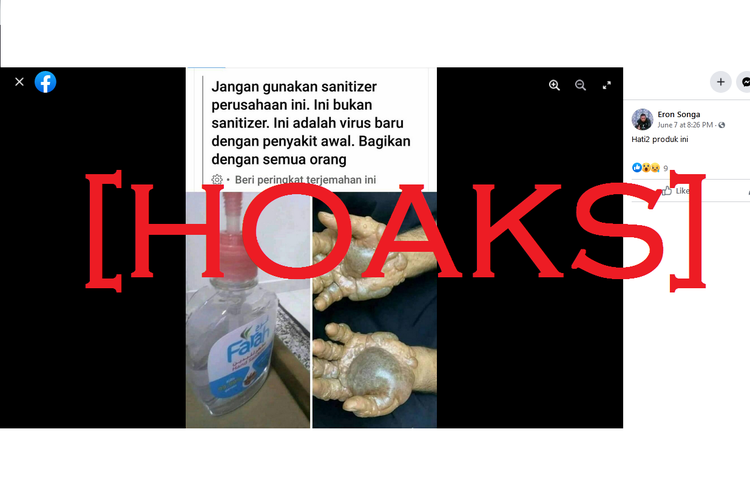Akun Facebook Eron Songa menyebarkan informasi hoaks hand sanitizer mengandung virus baru.