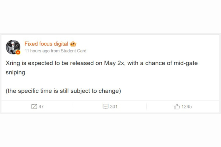 Tangkapan layar akun tipster Fixed Focus Digital di media sosial Weibo. Ia menyebut bahwa chipset Xring buatan Xiaomi, diperkirakan meluncur pada bulan Mei mendatang, antara 20 Mei sampai 29 Mei 2025.