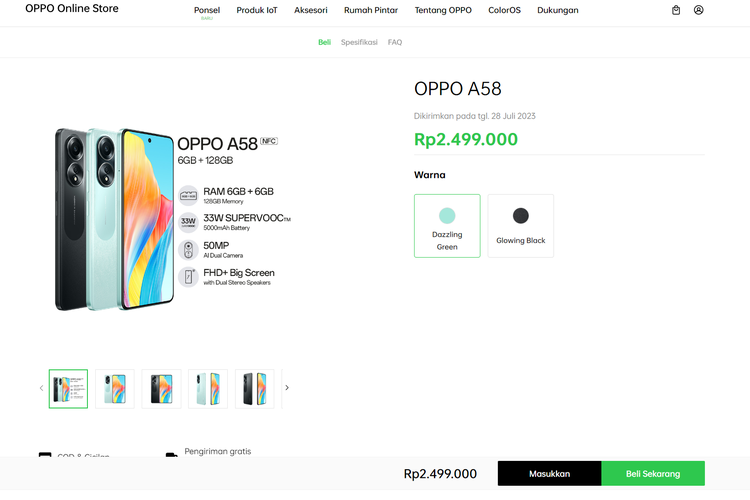 Oppo A58 NFC dijual di Indonesia harga 2,5 juta untuk memori 6/128 GB.