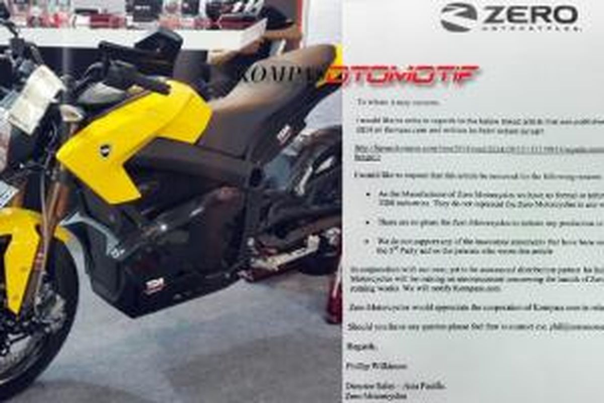 Zero S ZF8.5 dipamerkan di IIMS 2014. Insert: Hak jawab berupa surat pernyataan dari Zero Motorcycles.