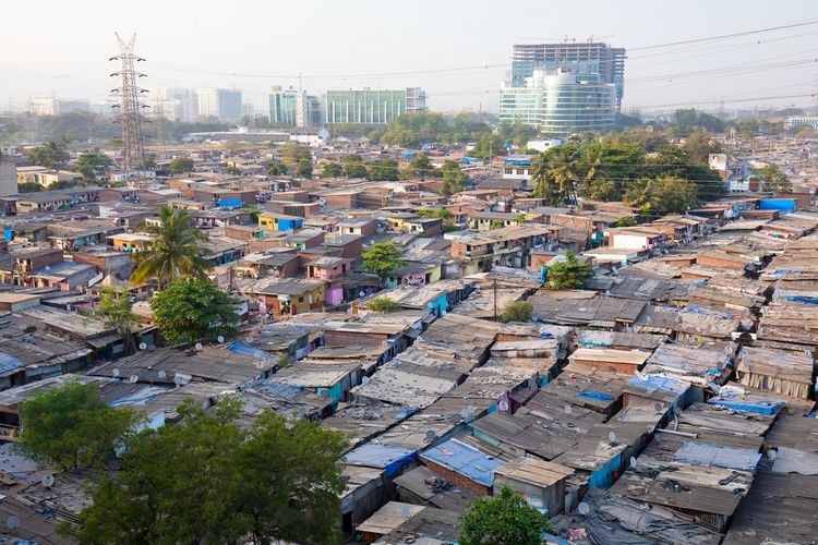 Rooftops at sunset of a slum in the district of Airoli in Mumbai, India