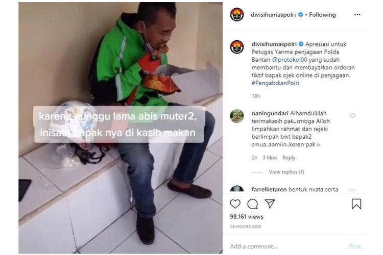 Tangkapan layar dari unggahan anggota Polda Banten yang patungan membayarkan orderan fiktif driver ojek online.
