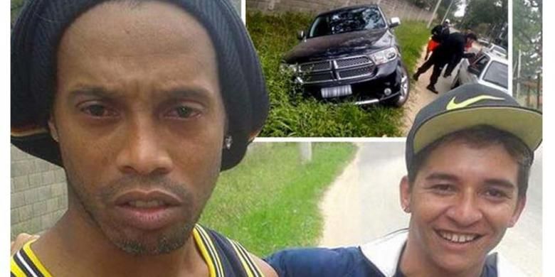 Ronaldinho (kiri) tampak murung saat selfie bersama seorang fans. Inset: mobil Ronaldinho yang terperosok di pinggir jalan.