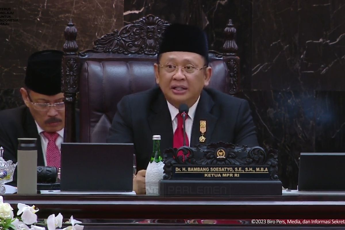 Ketua Majelis Peemusyawaratan Rakyat Bambang Soesatyo menyampaikan pidato dalam Sidang Tahunan MPR di Kompleks Parlemen, Jakarta, Rabu (16/8/2023).