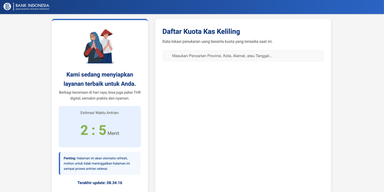 Tangkapan layar laman resmi PINTAR BI untuk pemesanan tukar uang baru 2026 di kas keliling. Tukar uang baru 2026. Kas keliling BI. Serambi 2026.