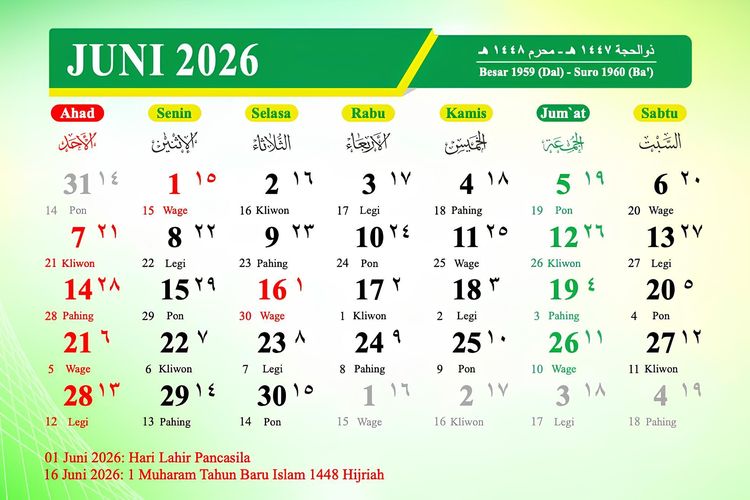 Kalender Juni 2026: Catat 2 Hari Libur Nasional dan Peluang Long Weekend