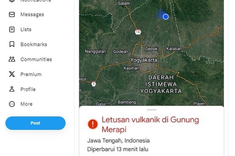 Tangkapan layar soal notifikasi letusan vulkanik Gunung Merapi yang ramai di media sosial.