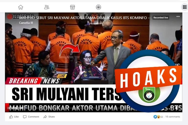 Tangkapan layar Facebook narasi soal Mahfud MD yang menyebut Sri Mulyani adalah aktor utaman korupsi BTS 4G Bakti Kominfo