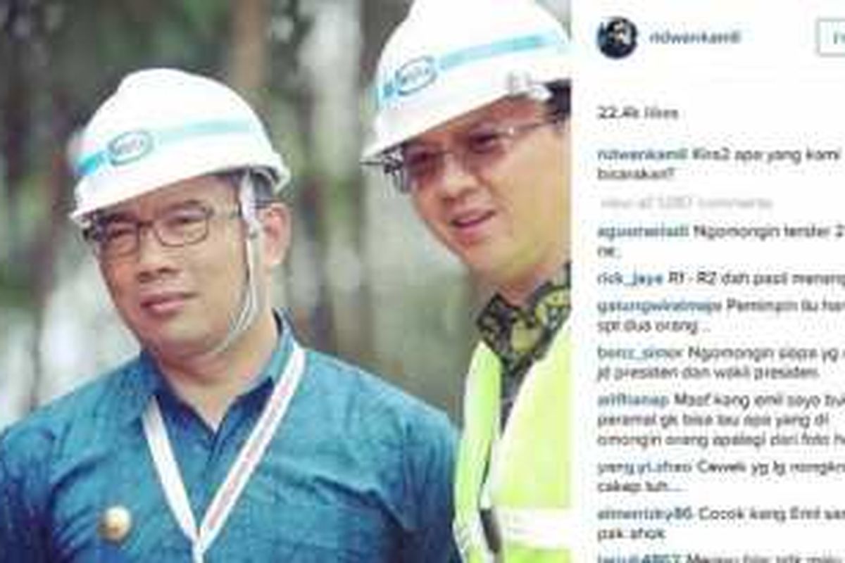 Wali Kota Bandung Ridwan Kamil mengunggah fotonya dalam satu frame bersama Gubernur DKI Jakarta Basuki Tjahaja Purnama di akun Instagram miliknya, @ridwankamil.