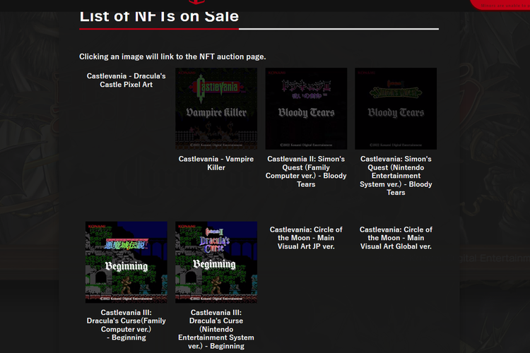 Daftar koleksi NFT Castlevania yang dilelang Konami.