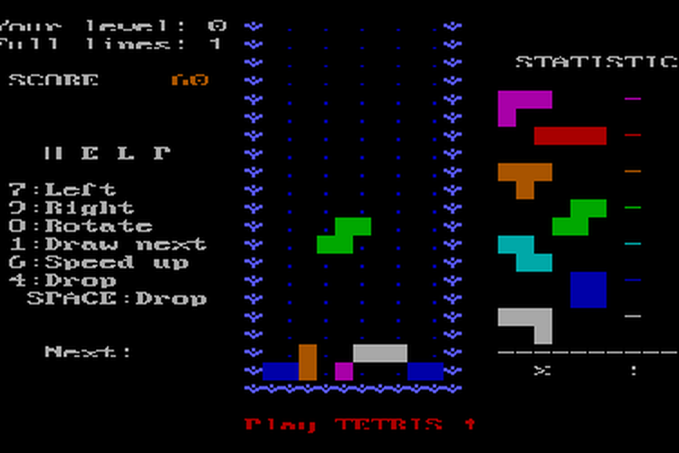 Tangkapan layar dari tetris versi IBM PC tahun 1986 dikembangkan oleh Dmitry Pavlovsky dan Vadim Gerasimov