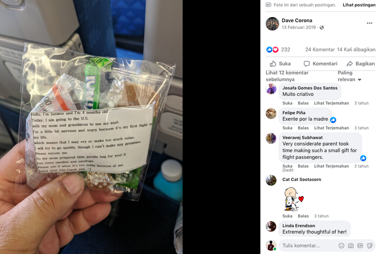 Tangkapan layar unggahan Facebook Dave Corona mengenai seorang ibu yang bagikan peremn di pesawat Seoul, Korea Selatan ke San Francisco Amerika Serikat