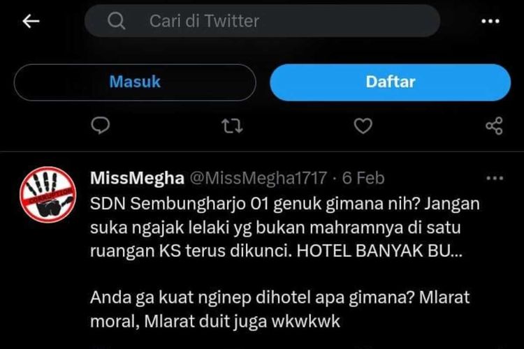 Beredar cuitan di akun Twitter @MissMegha1717 soal dugaan kasus asusila oknum Kepsek SD di Kota Semarang