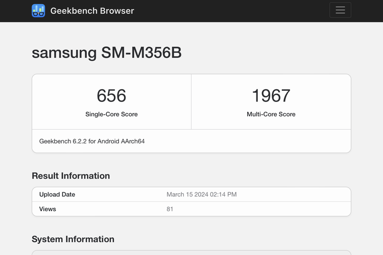 Samsung Galaxy M35 yang diduga memiliki nomor model SM-M356B muncul di situs benchmark, Geekbench