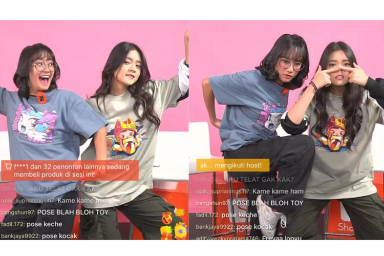 Momen Freya dna Christy JKT48 saat melakukan tantangan pose kocak jika jumlah likes di live streaming Shopee Live mencapai 2 juta. 