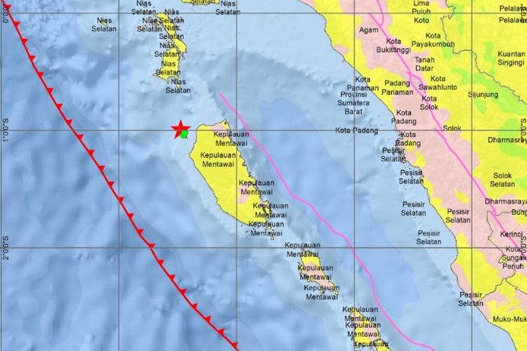 Peta kejadian gempa bumi di Kepulauan Mentawai yang terjadi pada hari Senin, tanggal 29 Agustus 2022. 