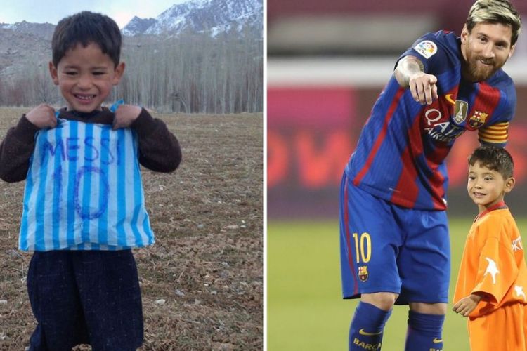 Murtaza Ahmadi, bocah asal Afghanistan yang menjadi viral karena mengenakan jersey dengan nama dan nomor punggung Lionel Messi dari kantong plastik (kiri). Foto kanan ketika Murtaza bertemu dengan sang idola di Doha, Qatar.