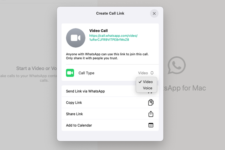 Cara membagikan link video call dan voice call di WhatsApp khusus Mac ke pengguna lain