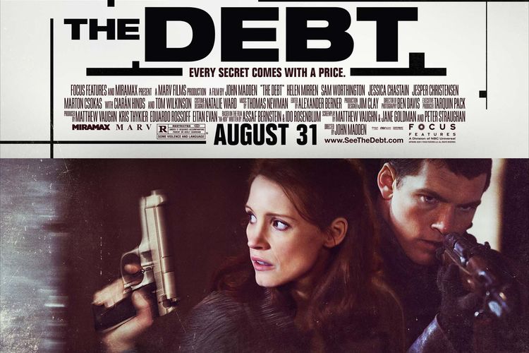 Jessica Chastain dan Sam Worthington dalam poster film The Debt