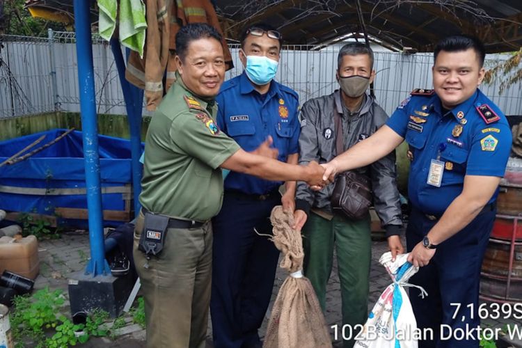 Kepala Unit Damkar Pemkab Gresik Eka Prapangasta (kanan), saat menyerahkan ular sanca hasil evakuasi kepada perwakilan BKSDA.