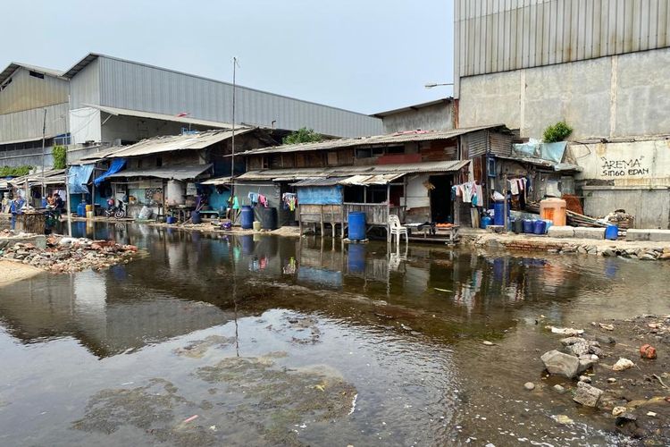 Kawasan permukiman di dekat tanggul Muara Baru, Penjaringan Jakarta Utara pada Senin (28/11/2022) terendam air laut. Warga menyebut, air laut sering kali melimpas ketika sedang pasang. 