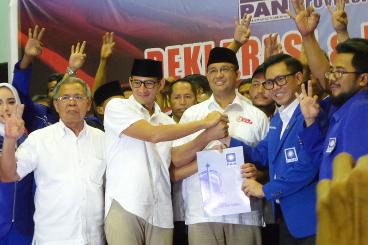 DPW PAN DKI Jakarta mendeklarasikan dukungan bagi pasangan calon gubernur dan wakil gubernur DKI Jakarta Anies Baswedan dan Sandiaga Uno di GOR Jakarta Utara, Sabtu (18/3/2017) sore.