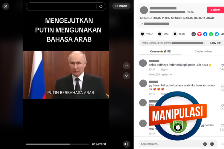 Tangkapan layar konten manipulasi di sebuah akun TikTok, 16 Oktober 2023, soal Putin berpidato dalam bahasa Arab.