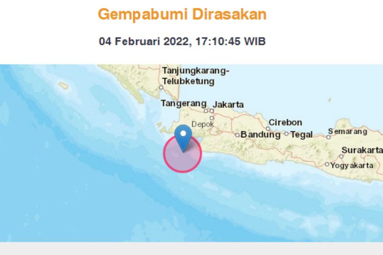 Gempa bumi Bayah Banten M 5,5 yang terjadi Jumat (4/2/2022) pukul 17:10:45 WIB.