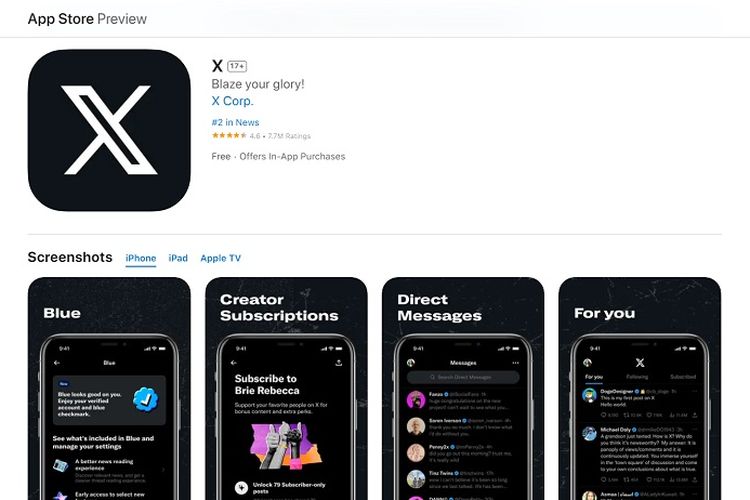 Tampilan aplikasi Twitter di App Store setelah berubah jadi X