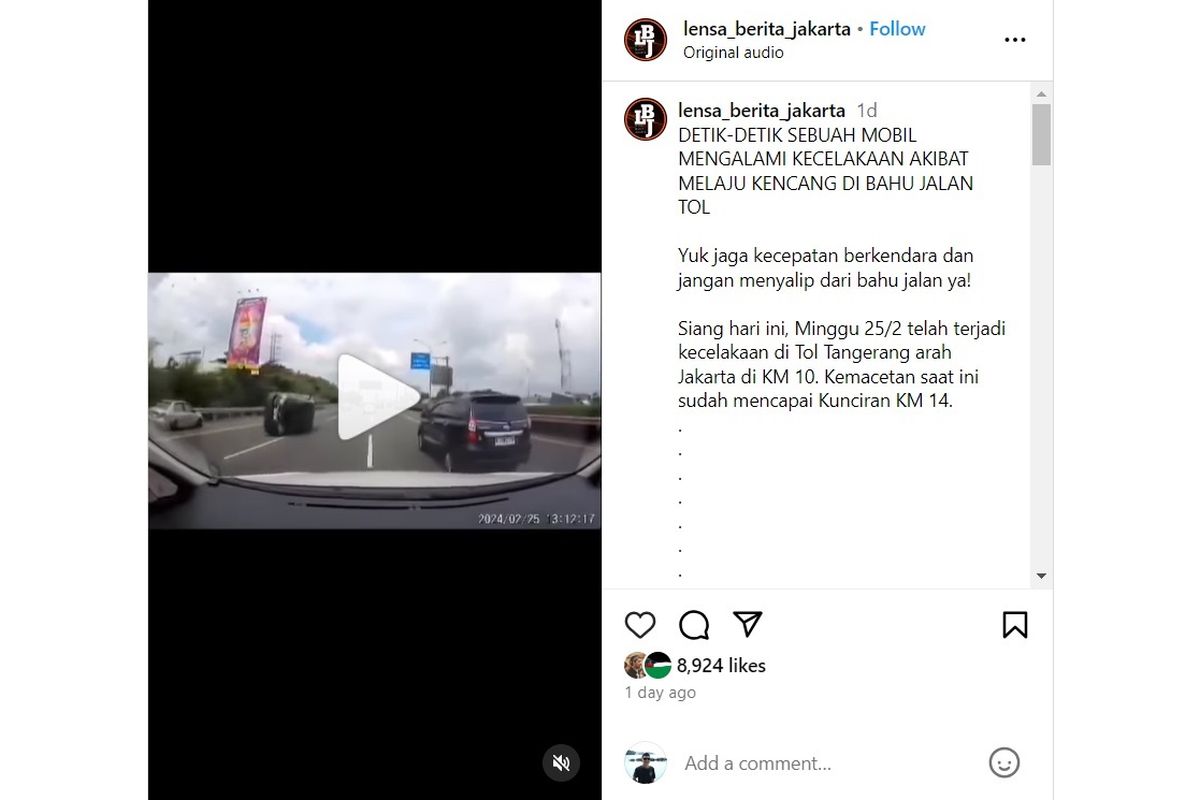 Sebuah Honda Mobilio dan Toyota Harrier yang kebut-kebutan di bahu jalan tol, seperti pada video yang diunggah Instagram @lensa_berita_jakarta, Senin (26/2/2024).