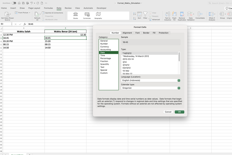 Ilustrasi cara ubah format waktu di Excel