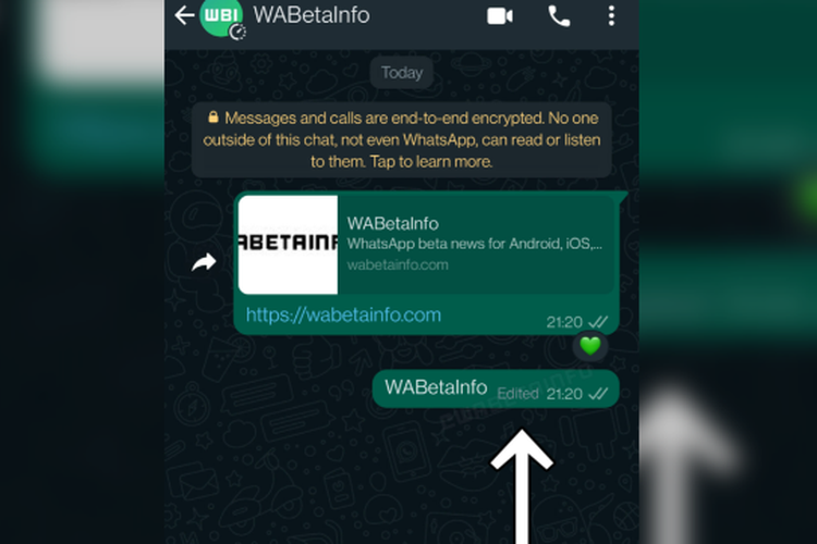 Tangkapan layar label diedit/edited pada teks yang sudah diganti pada fitur edit pesan di aplikasi WhatsApp.