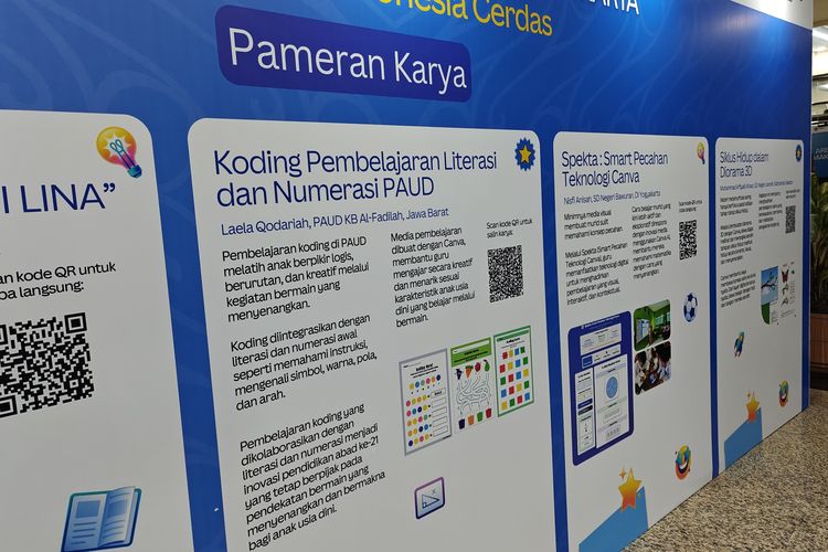 Sejumlah karya buatan duta Canva yang menggunakan aplikasi Canva Pendidikan, dipamerkan dalam konferensi pendidikan dan gelar karya Guru Hebat, Indonesia Cerdas pada Selasa (11/11/2025) di gedung Kemendikdasmen, Senayan, Jakarta Pusat.