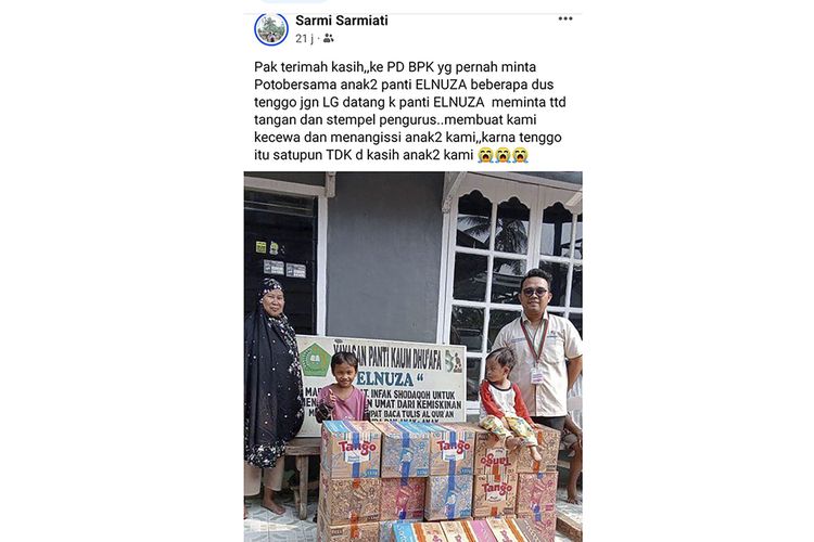 Panti asuhan Elnuza di Kota Sekayu, Kabupaten Musi Banyuasin, Sumatera Selatan diduga menjadi korban prank oleh donatur saat memberikan bantuan berupa delapan kotak makanan ringan.