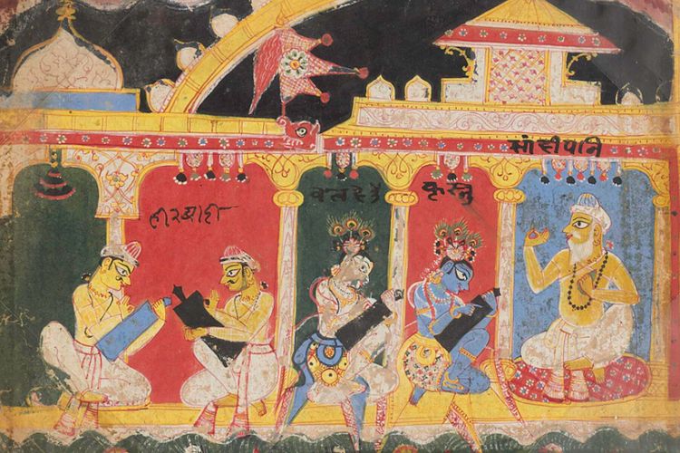 Ilustrasi Krishna dan Balarama belajar kepada Brahman Sandipani.