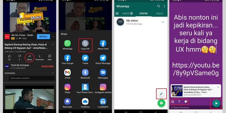 Cara share link YouTube ke WhatsApp Status.
