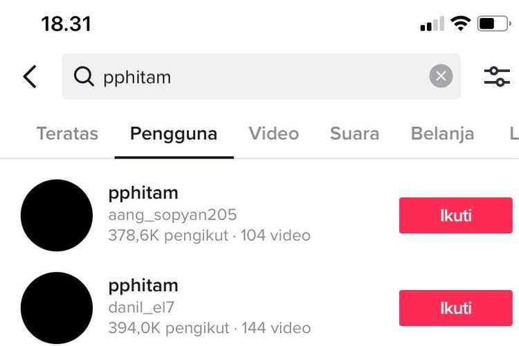 Tangkapan layar hasil pencarian tren PP hitam di TikTok.