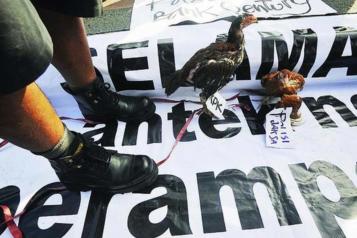Sejumlah aktivis dari berbagai elemen menggelar unjuk rasa di depan Gedung Grahadi, Surabaya, Rabu (2/12). Mereka menuntut pemerintah menuntaskan kasus Bank Century. Dalam aksinya, mereka membawa dua ayam sebagai bentuk adu kekuasaan kaum elite yang bisa menyengsarakan rakyat.