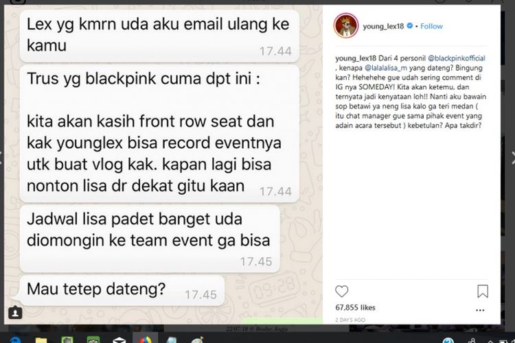 Young Lex mengabarkan ia mendapat tempat duduk paling depan saat acara meet and greet Lisa Blackpink.