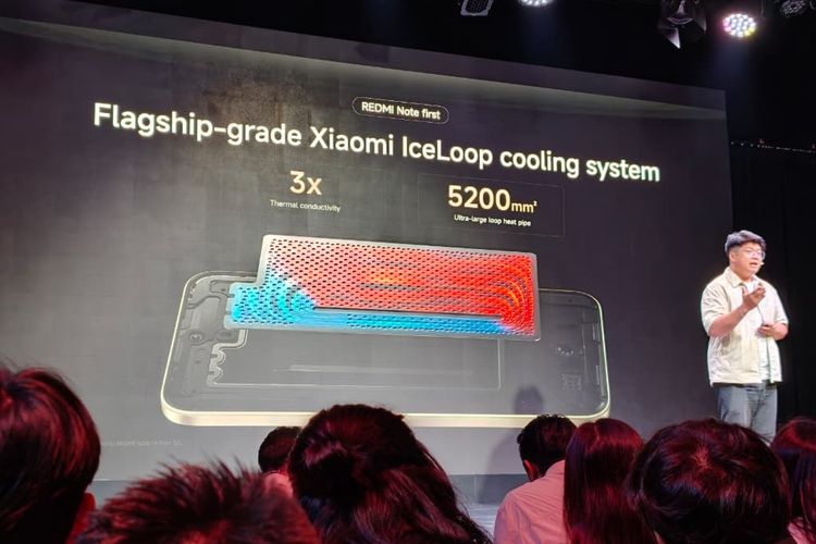 Sistem pendingin IceLoop Cooling System dijelaskan Product Marketing Lead Xiaomi Indonesia, Jeksen dalam acara peluncuran Redmi Note 15 Series di Taman Ismail Marzuki, Cikini, Jakarta Pusat, Kamis (22/1/2026).