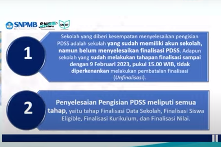 Panitia SNPMB 2023 dan Kemendikbud Ristek memberikan perpanjangan penyelesaian pengisian PDSS untuk memberikan kesempatan siswa mendaftar SNBP 2023, Senin (20/2/2023).


