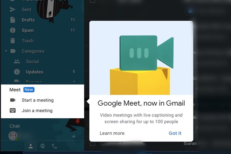 Tab Google Meet kini tersedia di Gmail.
