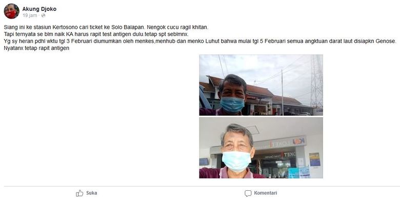 Tangkapan layar unggahan Facebook soal tidak adanya tes GeNose di Stasiun Kertosono, Nganjuk