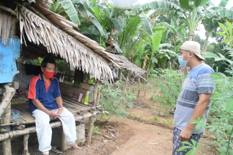 La Jara  (merah), seorang warga Desa Kabawa Kole, Kecamatan Pasarwajo, Kabupaten Buton, Sulawesi Tenggara, memilih melakukan isolasi diri di dalam kebunnya.