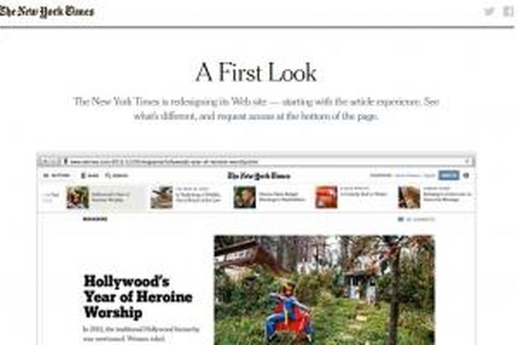 Perwajahan baru versi laman digital The New York Times mulai dipamerkan secara terbatas, Kamis (2/1/2014). Media tua ini berencana meluncurkan perwajahan baru mereka mulai 8 Januari 2014